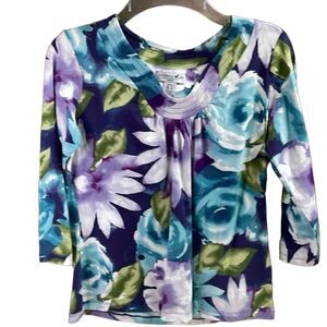 Caribbean Joe Ladies VNeck Floral Top, Size Petite Small, Purple,Teal White